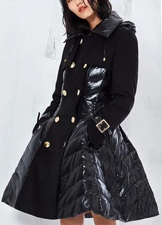 Black Flared Double-Breasted Puffer Coat