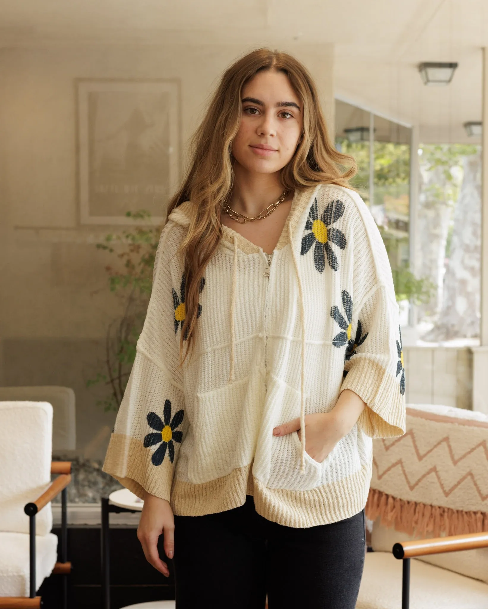 Daisy Hooded Crochet Quarter Sleeve Top